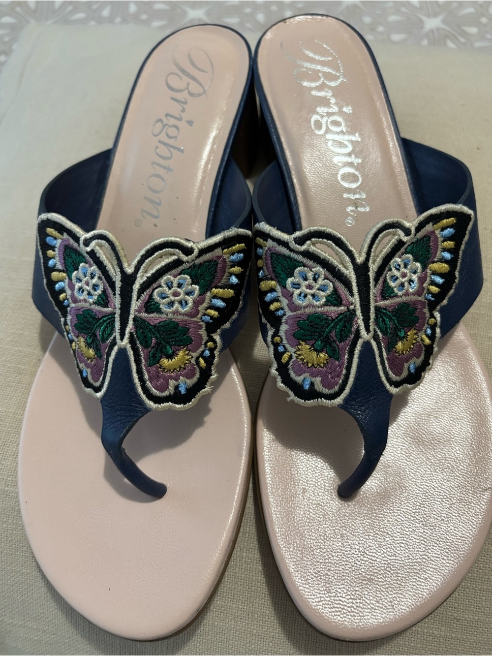Brighton Navy Butterfly Embroidered Thong Sandals with Pink Footbed